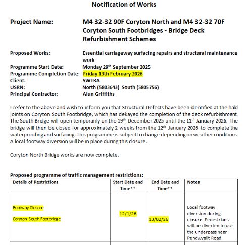 Coryton footbridge closure extended to Feb 13th
